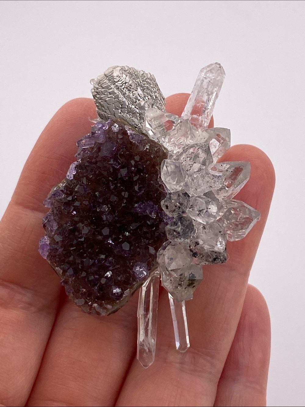 Natural Amethyst Druzy Herkimer Diamond Magnesium Leaf Statement Ring